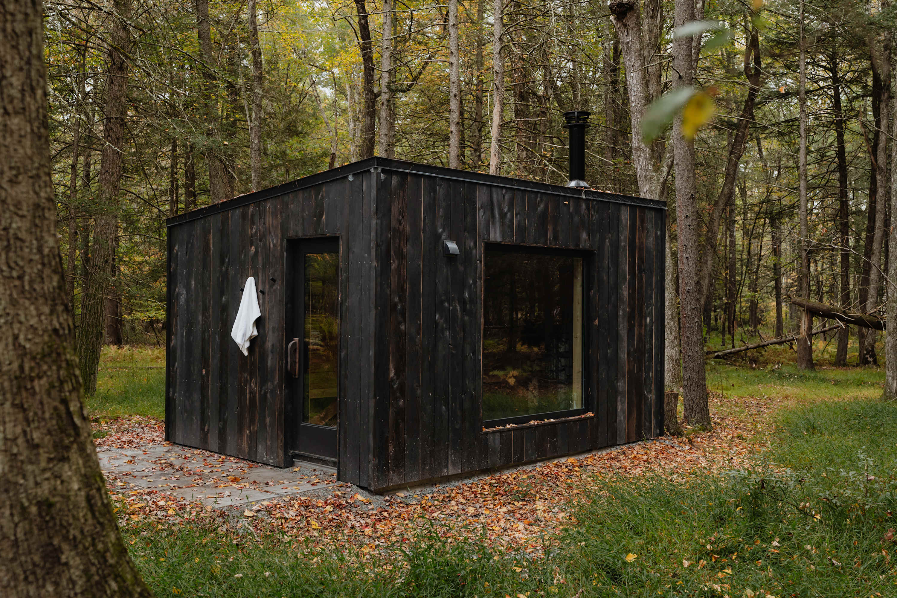 Exterior view of a modern black-clad sauna building with a large window, situated amidst a forest with fallen leaves, featuring a simple pathway leading to the entrance.