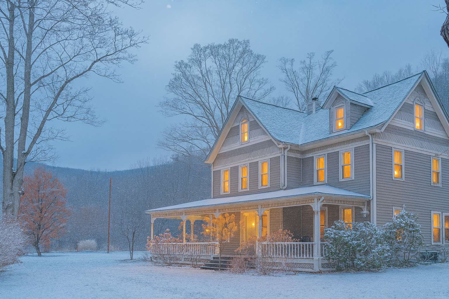 Charming two-story house with gray siding and a wrap-around porch, illuminated by warm interior lights, surrounded by snow-covered grounds and bare trees under a soft winter sky.