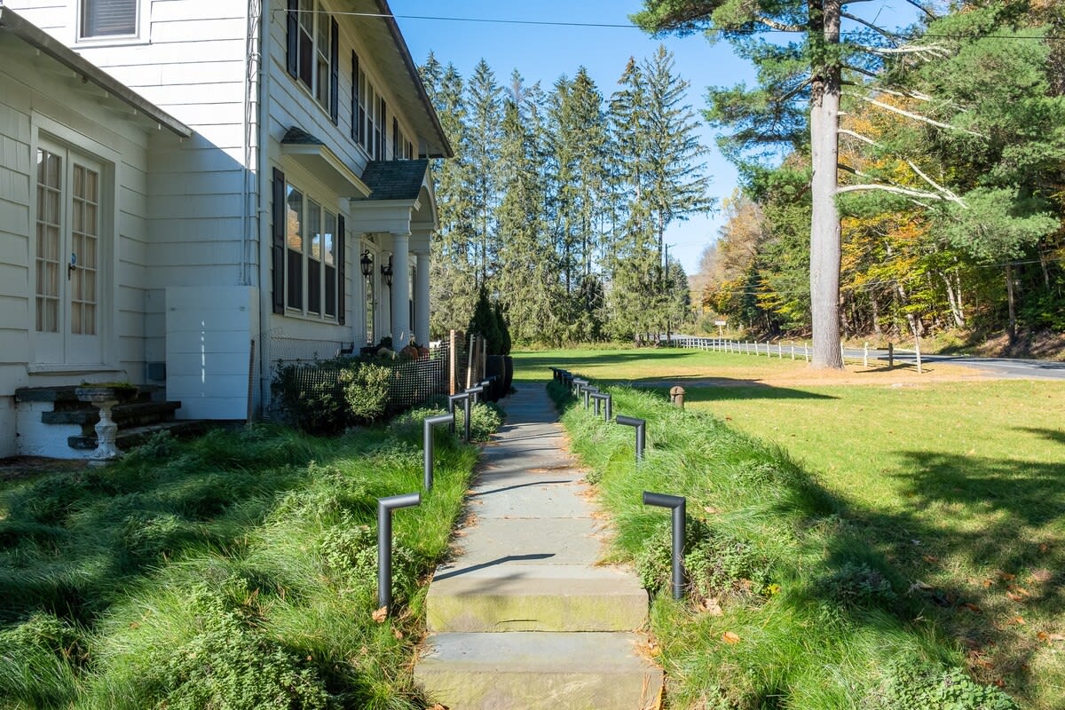 Exterior view of a white house with a stone pathway lined with modern ground lights, leading through a lush grassy yard towards a backdrop of tall pine trees under a clear sky.