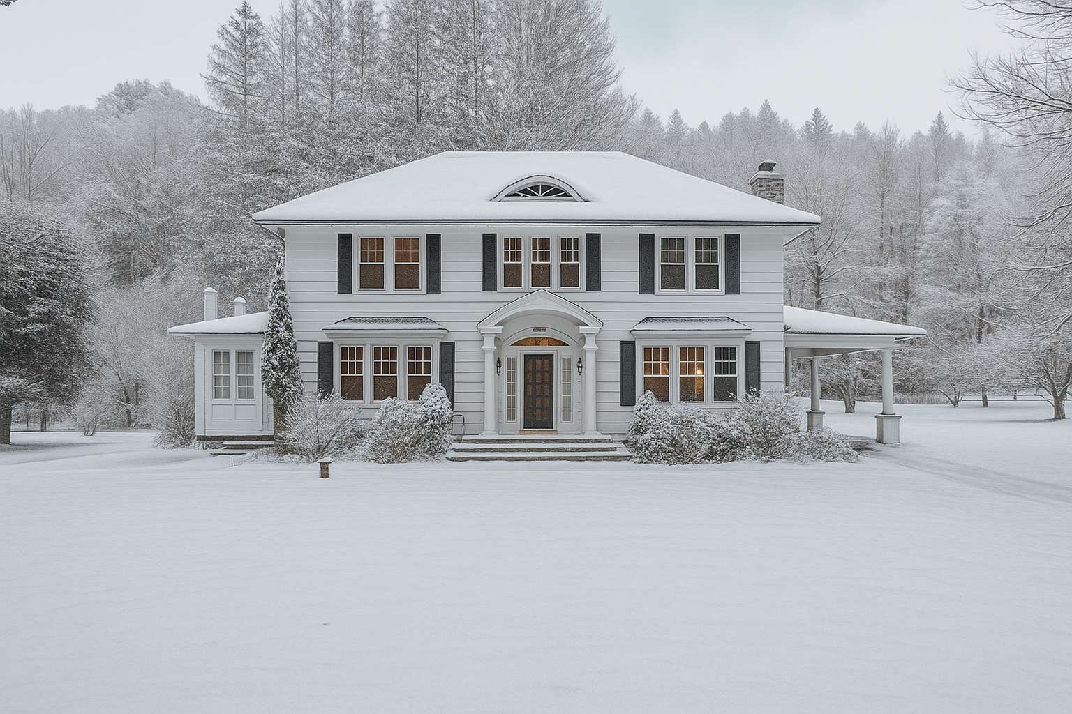The front exterior of a stately white house with dark shutters and a welcoming front porch is covered in snow, surrounded by snow-dusted trees and a pristine winter landscape.