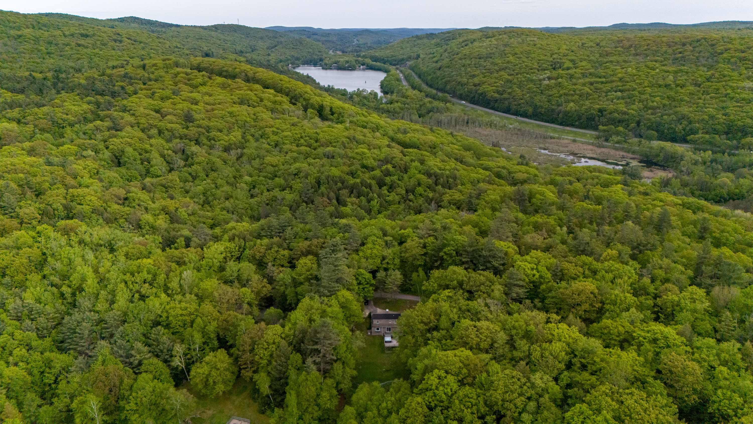 A wide aerial shot captures a brown house nestled in a clearing within an expansive, verdant forest, with a distant lake and road visible in the background, showcasing the property's secluded natural setting.