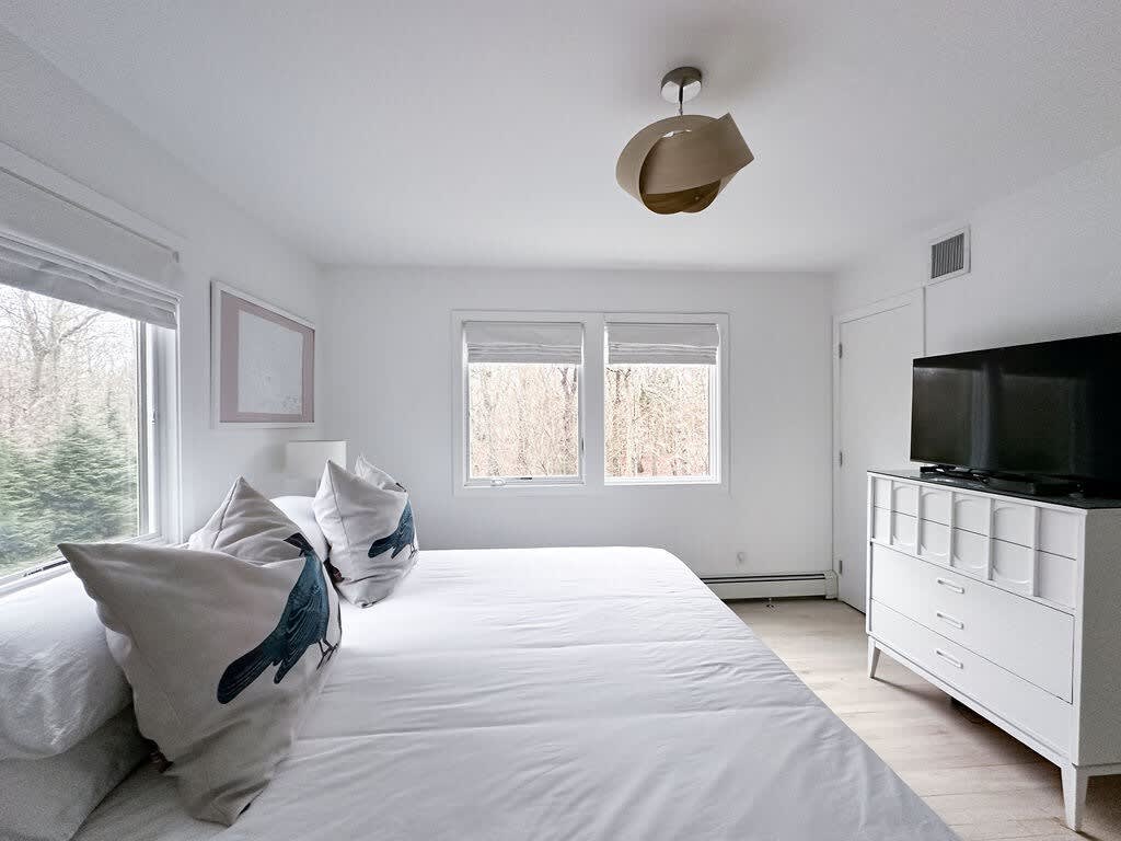 Spacious bedroom with a large bed featuring white linens and decorative bird-patterned pillows, two windows overlooking trees, and a white dresser with a TV.