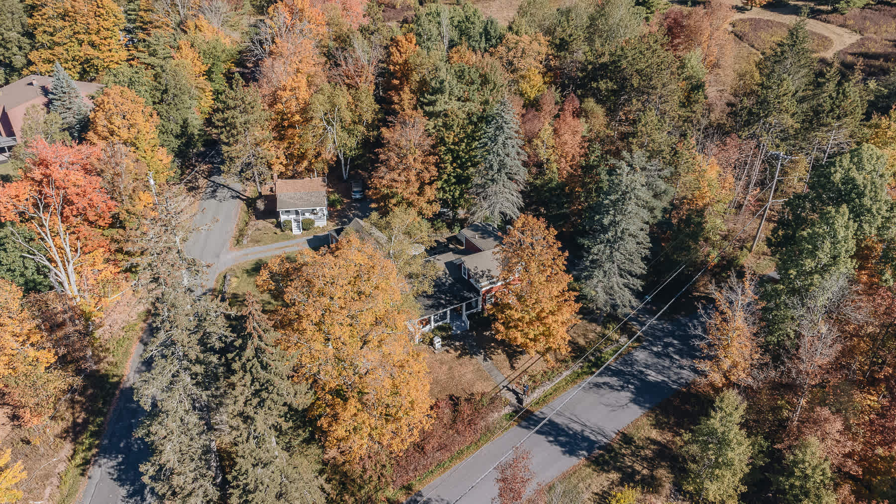 An aerial view showcases a rural landscape with several houses nestled among dense trees displaying vibrant autumn colors of orange, yellow, and green. A paved road winds through the wooded area.