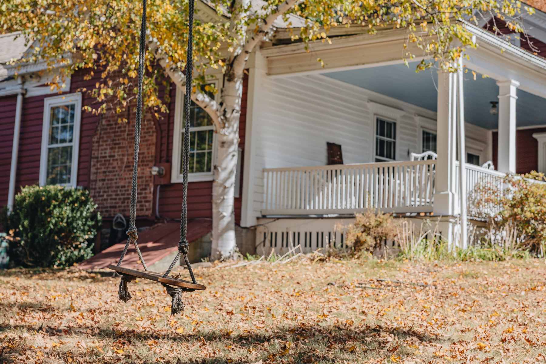 A rustic wooden swing hangs from a tree in a yard covered with fallen autumn leaves, with a red house and a white porch visible in the background. The scene suggests a cozy outdoor play area.