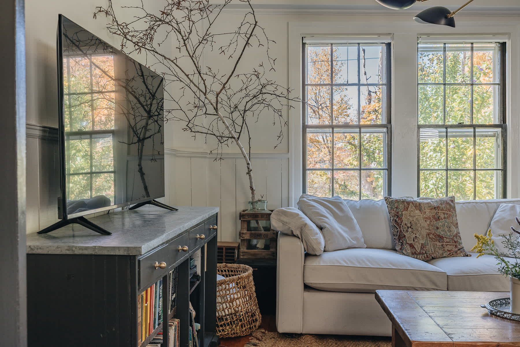 Cozy living room with a white sofa, a TV on a dark wooden console, and large windows offering a view of autumn trees. A decorative bare branch stands in a vase next to the TV.