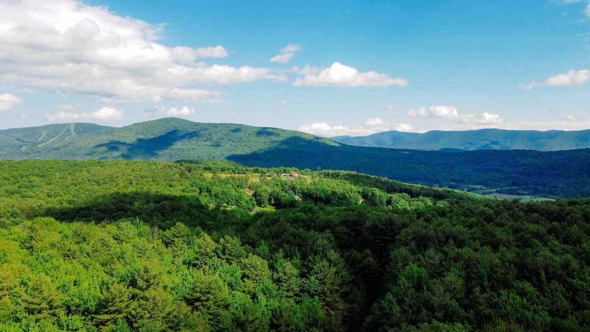 Wide aerial landscape view showcasing rolling green hills and distant mountains under a bright blue sky with scattered white clouds. A dense forest covers the foreground, with a glimpse of a house on a distant hill.