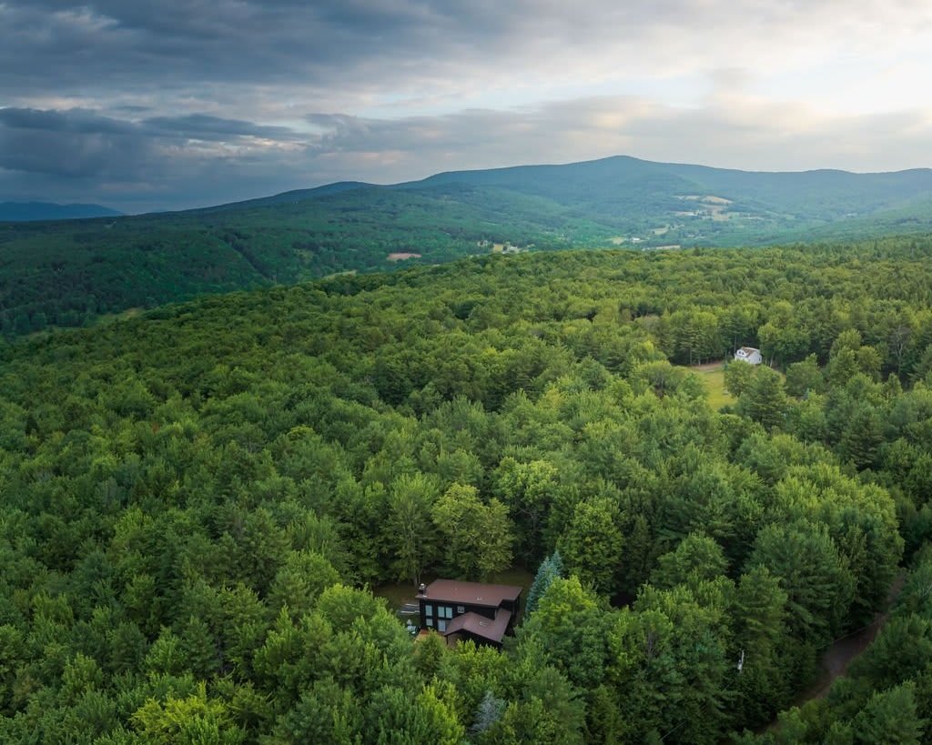 A wide aerial shot showcases a modern cabin surrounded by a dense, lush green forest with rolling mountains in the background under a cloudy sky. The property appears secluded within the natural landscape.
