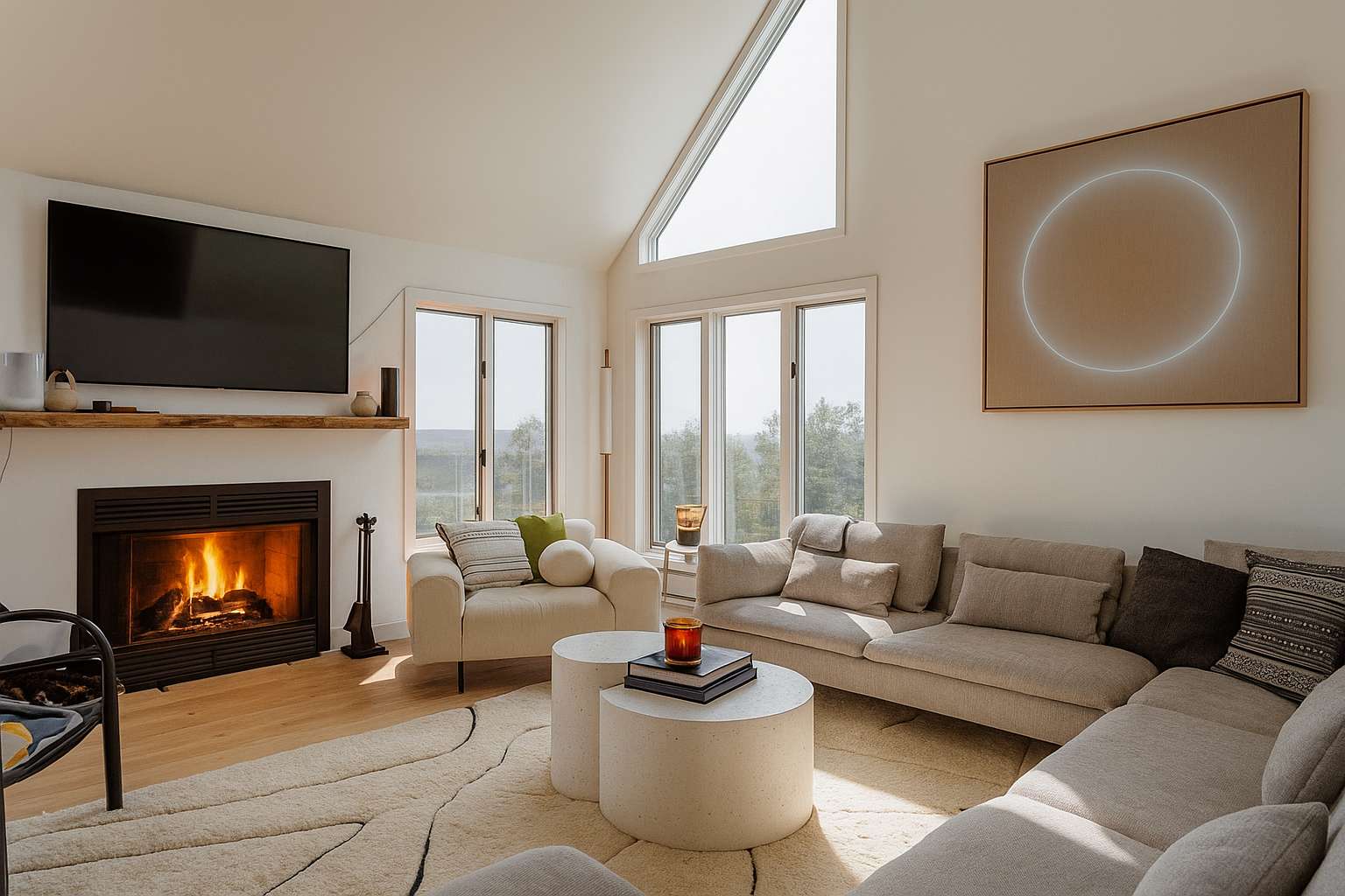 Bright living room with a cozy fireplace, light wood floors, and large windows offering scenic views, furnished with a large L-shaped sofa, an armchair, and two round coffee tables on a textured rug.