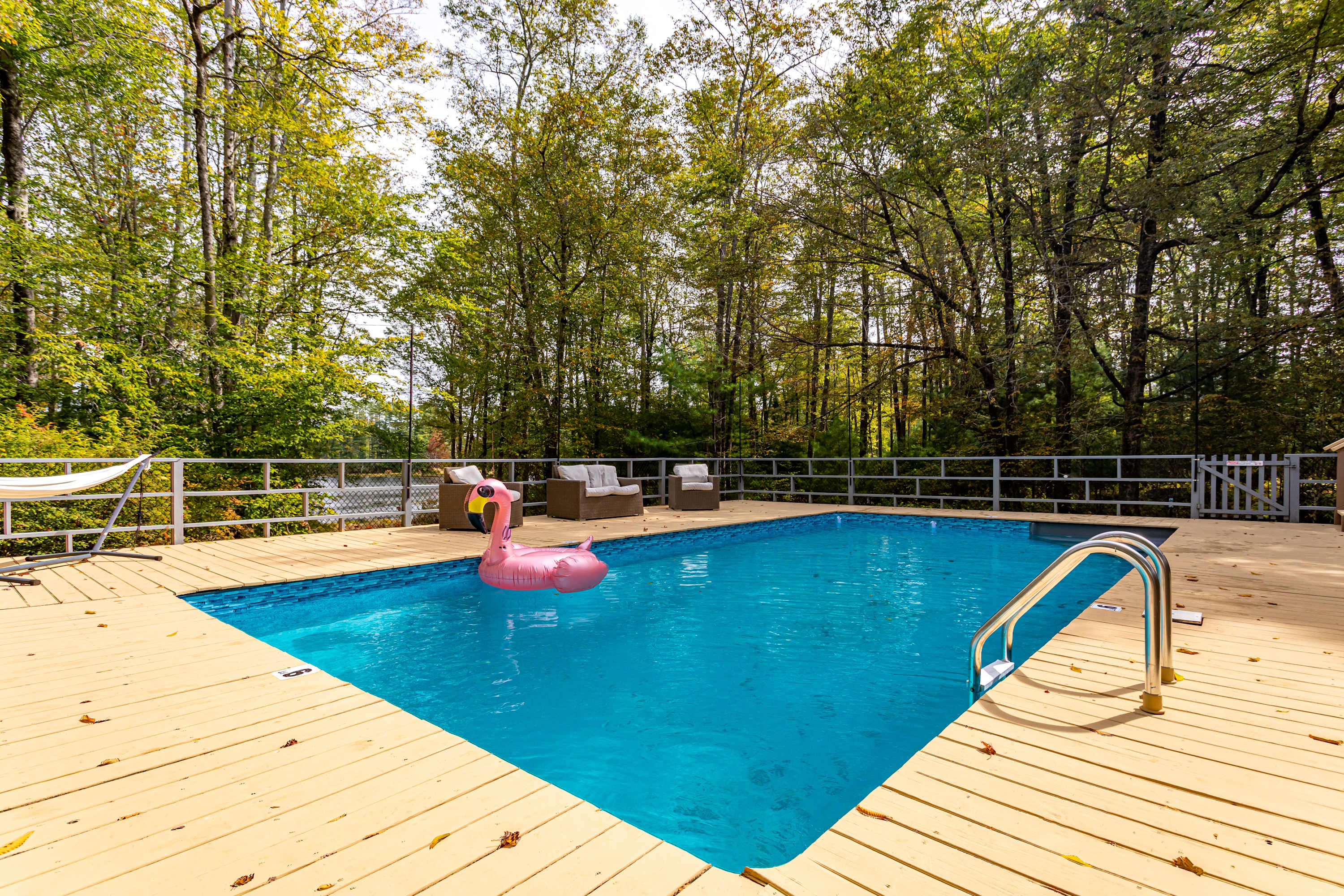 Rectangular swimming pool with bright blue water and a pink flamingo float, surrounded by a light-colored wooden deck and a metal fence. Outdoor seating and a hammock are visible, all nestled within a lush forest.