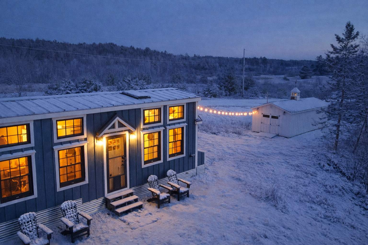 An aerial view of a blue tiny house with warm lights glowing from its windows, surrounded by a blanket of snow at dusk. String lights connect it to a smaller white shed in the snowy landscape.