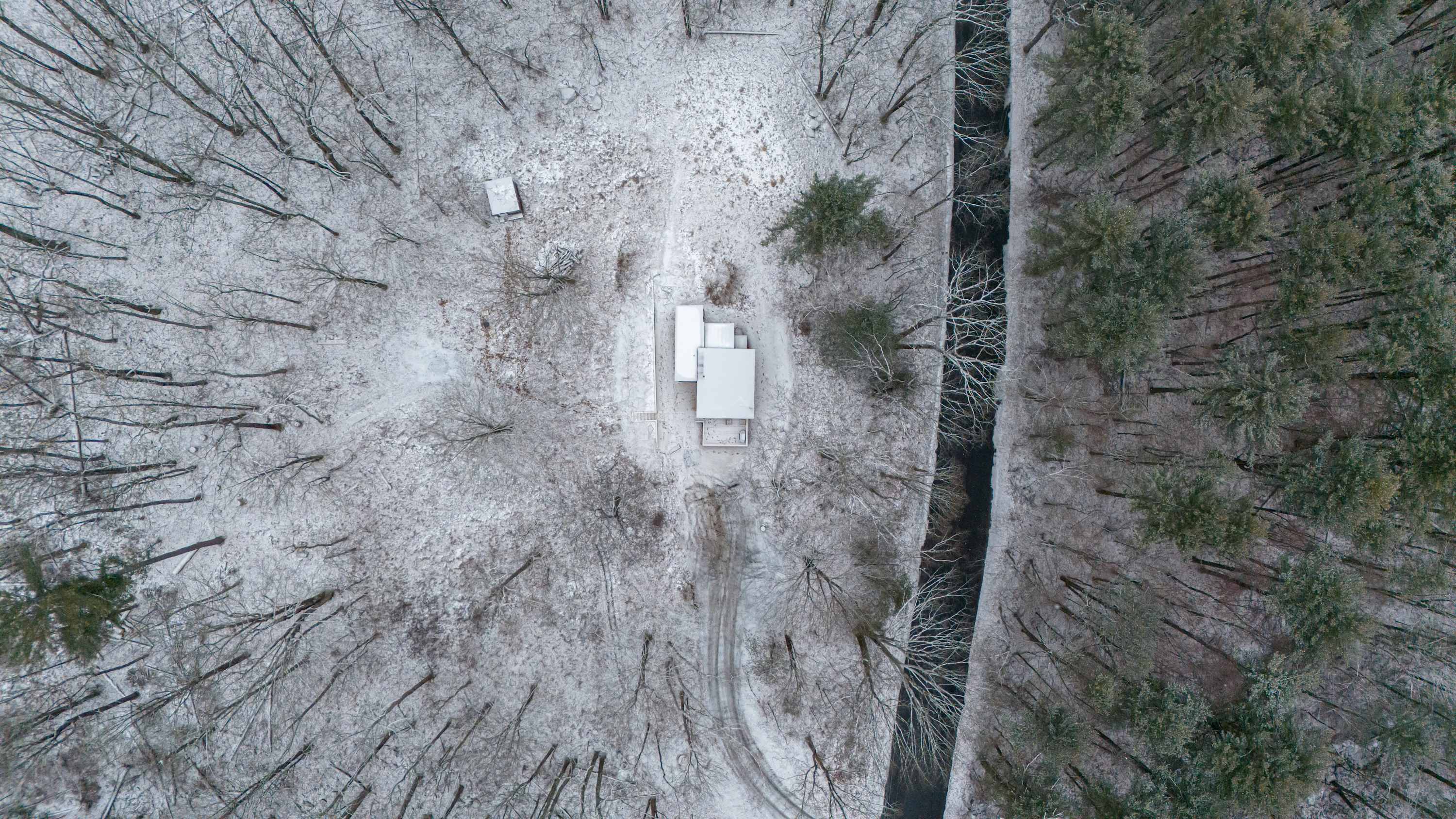 Overhead aerial view of the cabin, appearing white from snow on its roof, situated in a clearing within a vast, snow-dusted forest of bare trees, with a winding path leading to it.