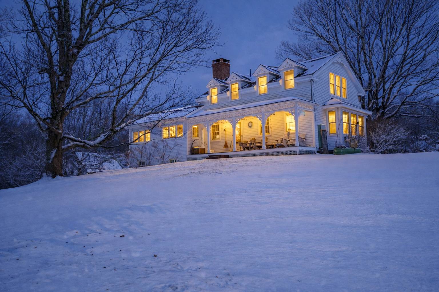 A picturesque winter scene of the white house, warmly lit from within, covered in a blanket of snow, with bare trees framing the cozy, inviting facade.
