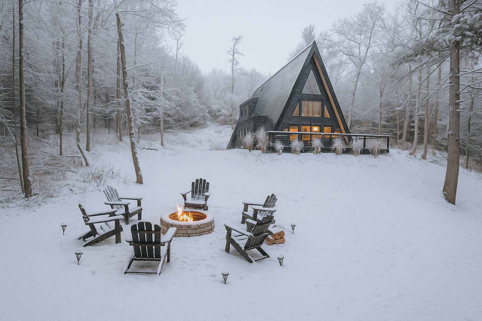 A modern black A-frame cabin stands amidst a snow-covered forest, its large windows glowing warmly. In the foreground, a stone fire pit with a roaring fire is surrounded by six Adirondack chairs, all blanketed in fresh snow.