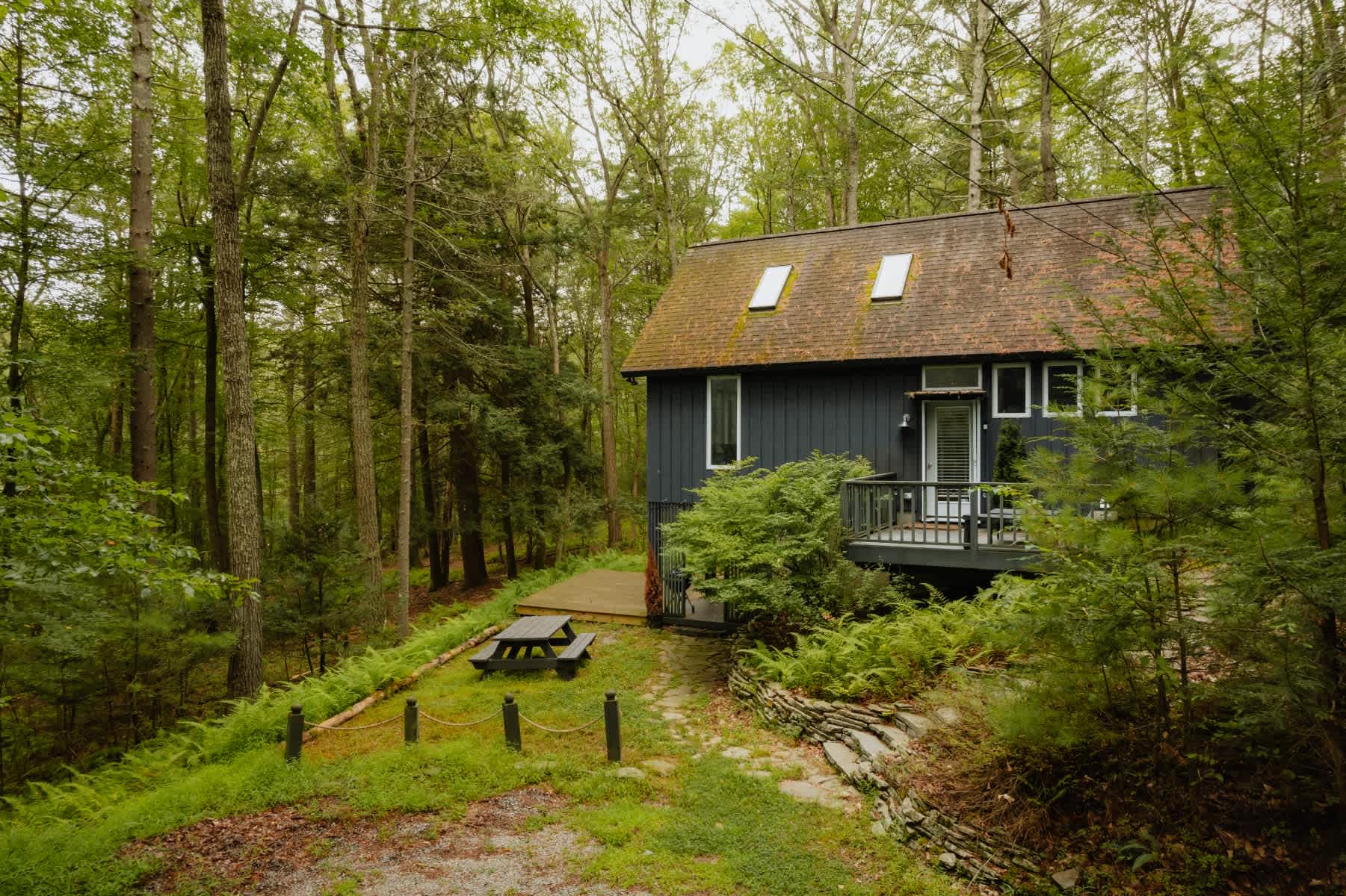 Wide exterior view of a dark gray house nestled in a dense forest, featuring a wooden deck, a picnic table on a grassy area, and a path leading to the house. The roof has two skylights and is covered in moss.