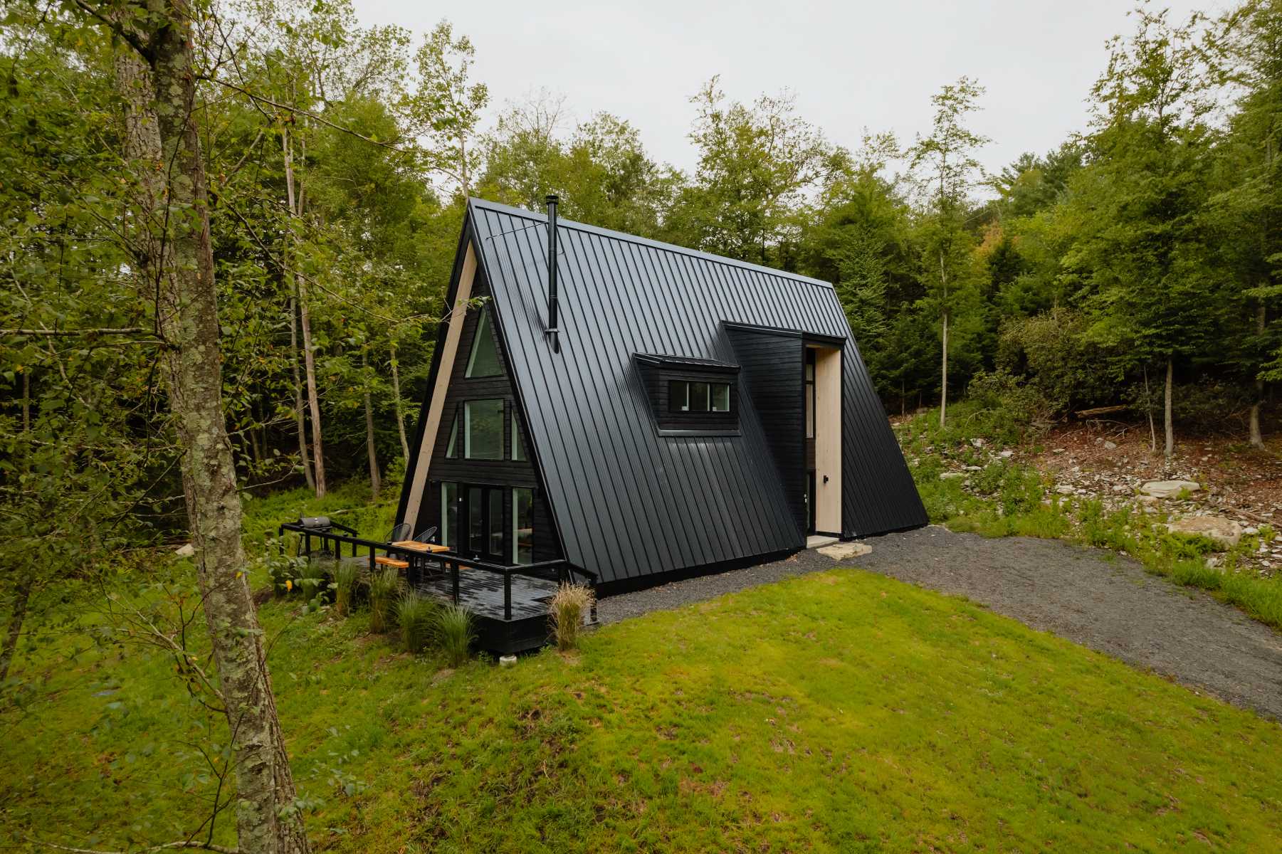 Modern black A-frame house with a corrugated metal roof and dark siding, nestled on a grassy slope surrounded by a dense forest, with a gravel driveway leading to the entrance and a small deck.