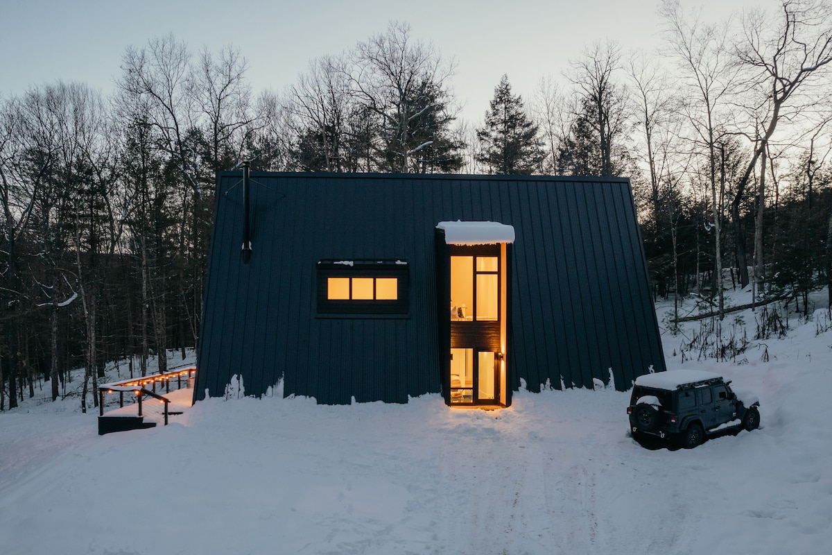Striking modern black A-frame house with warm illuminated windows, covered in snow during winter, surrounded by bare trees and a snowy landscape, with a dark SUV parked nearby.