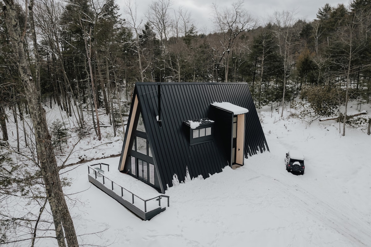 Elevated view of a striking black A-frame cabin with a metal roof and large glass facade, partially covered in snow, situated in a sparse winter forest with a dark SUV parked nearby on a snowy path.