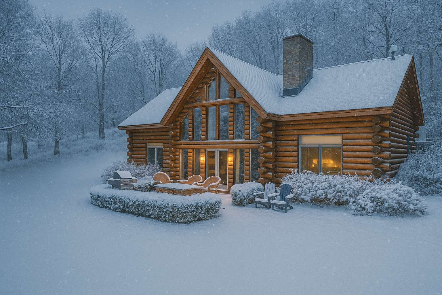 A cozy log cabin, blanketed in fresh snow, features a prominent stone chimney and large A-frame windows illuminating the interior with warm light. An outdoor patio with seating and a grill is visible, surrounded by snow-covered bushes and bare winter trees.