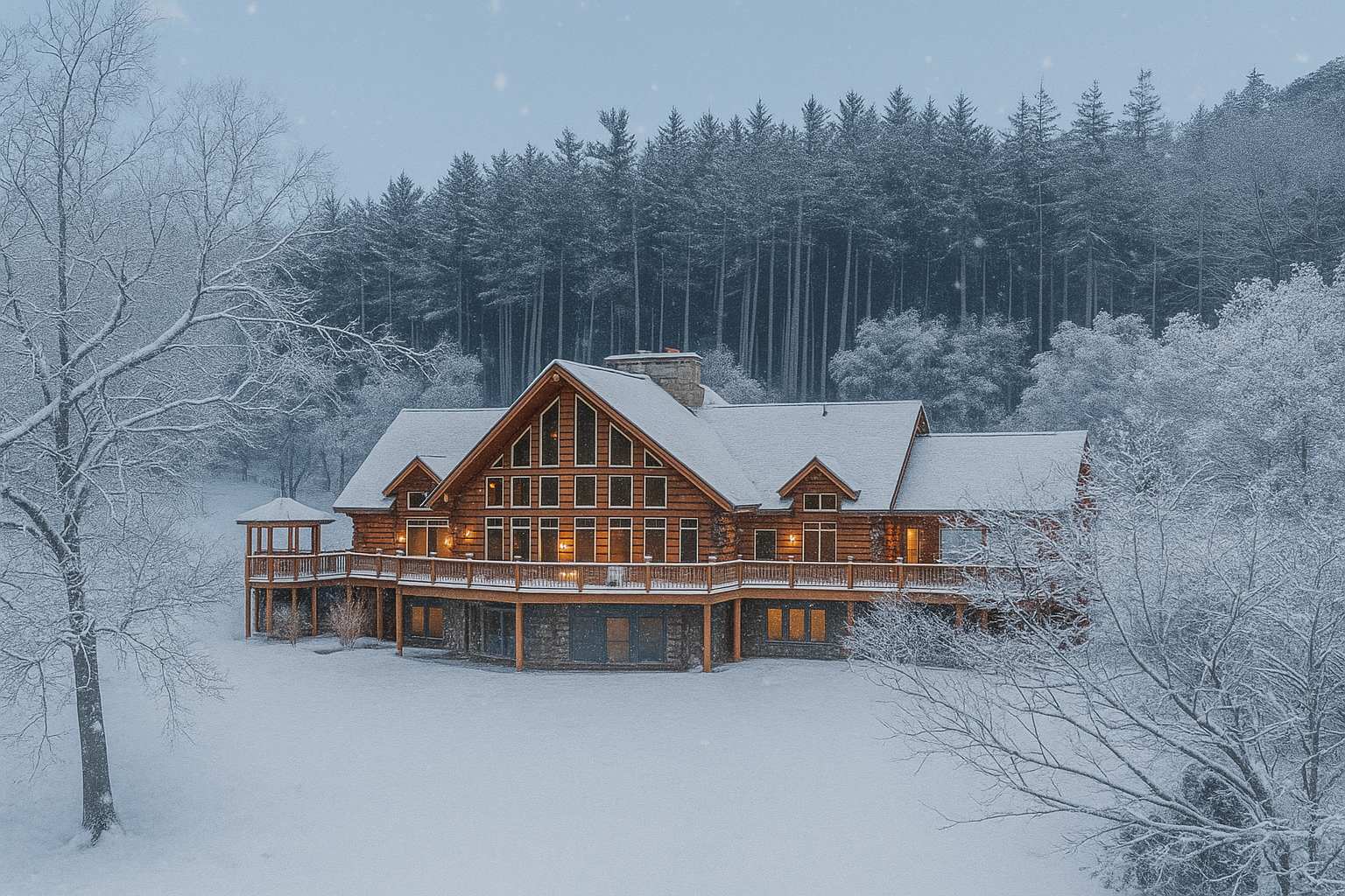 A grand log cabin house with multiple gables and large windows, covered in a blanket of snow during winter, with lights glowing from inside. Tall pine trees stand in the snowy background.