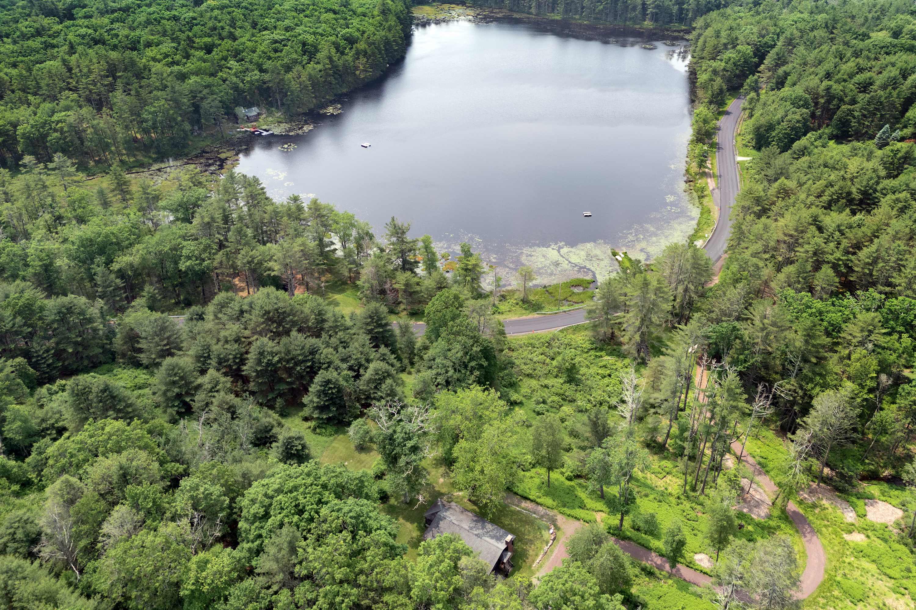 A high aerial view captures a serene lake surrounded by dense green forest, with a winding road tracing its edge and a small house visible among the trees.