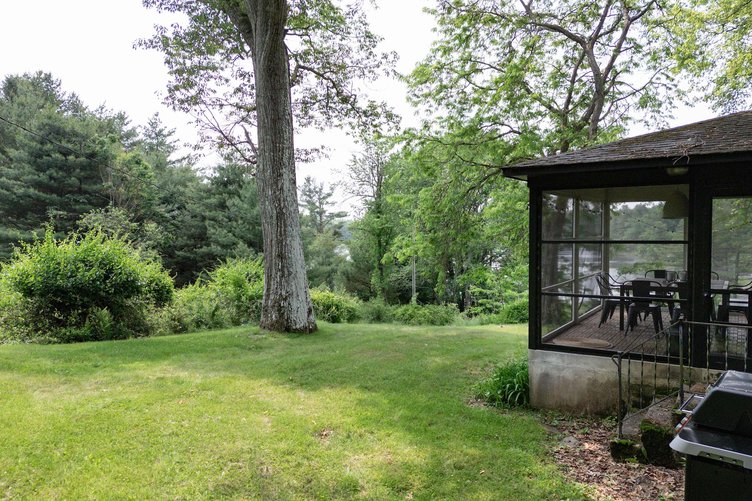 Exterior view of the house's side, showcasing a screened porch with a dining area, a large grassy yard, and mature trees providing ample shade. A grill is visible near the porch.