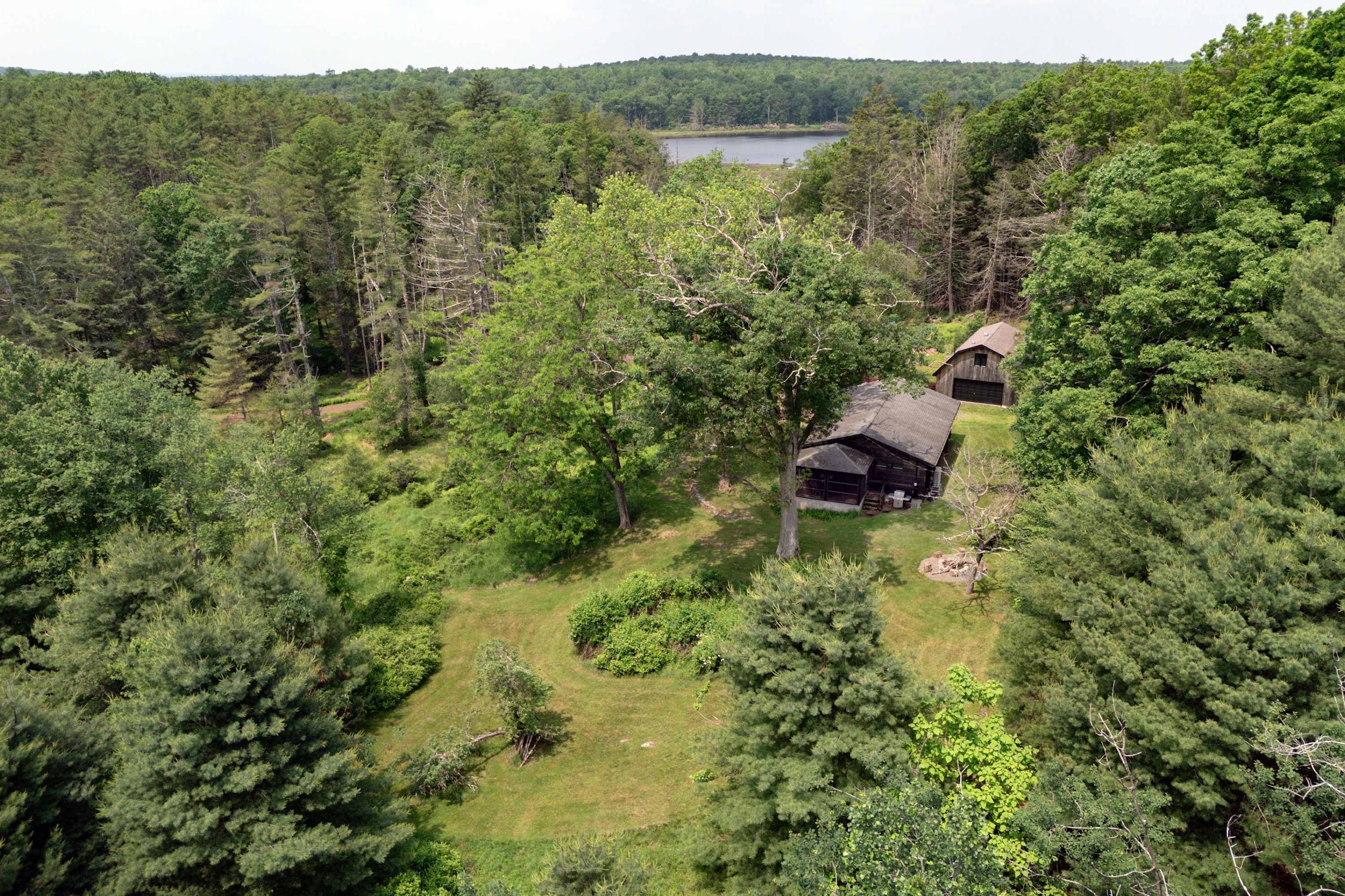 An aerial view showcases a rustic wooden house nestled among lush green trees, with a smaller outbuilding nearby and a glimpse of a lake in the background.