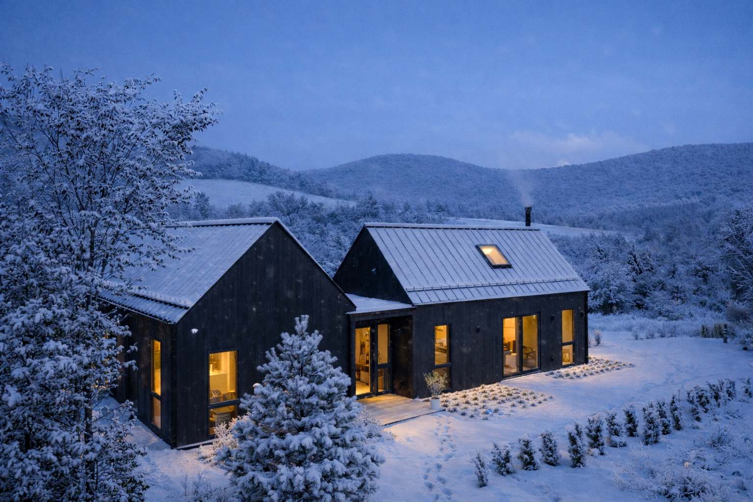 Elevated view of the black modern barn-style house in a serene winter setting, with snow-covered roofs and grounds. Warm interior lights glow from the windows, contrasting with the cool blue twilight and snow-dusted trees and hills.