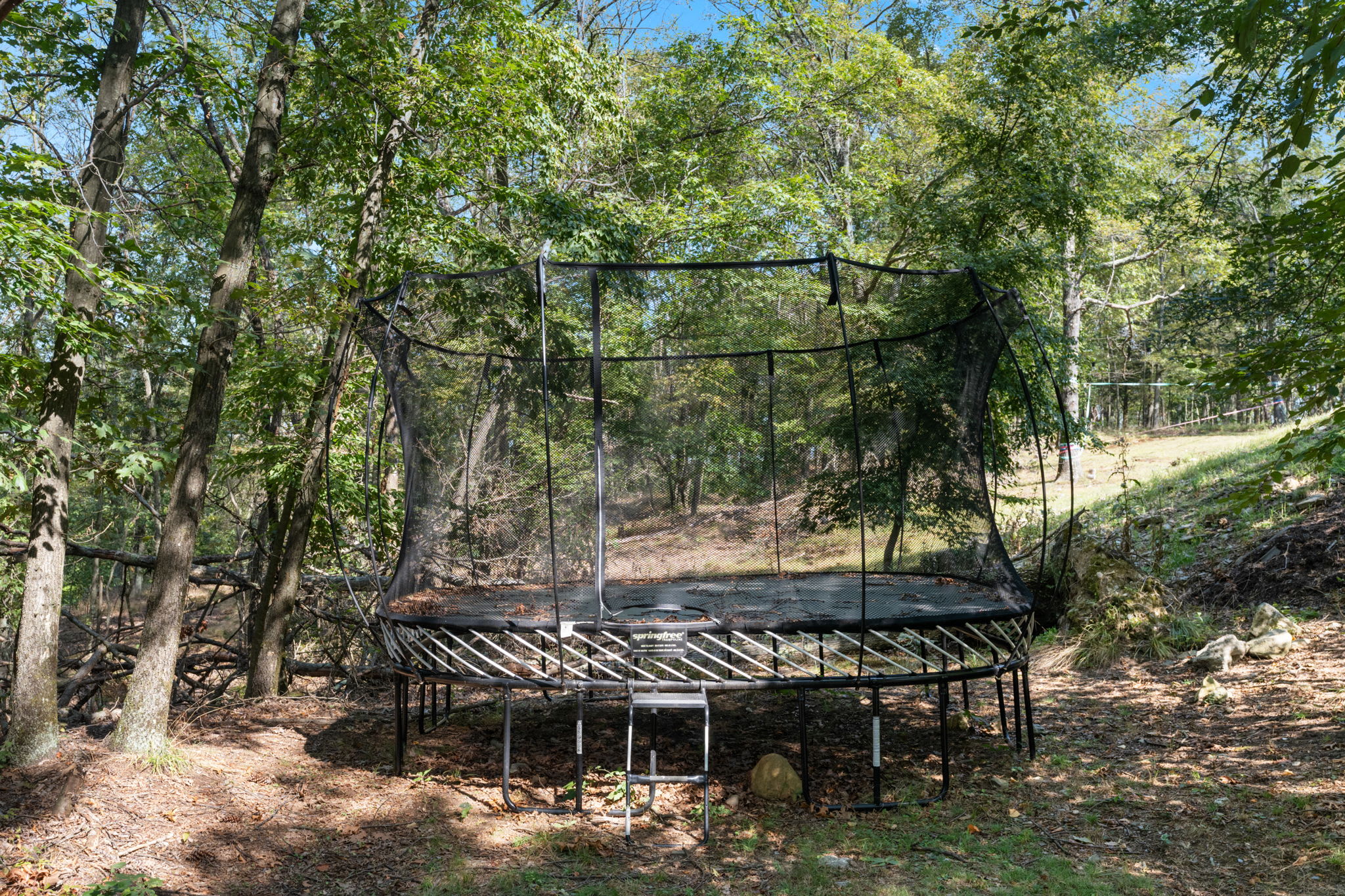 A large, enclosed trampoline with a safety net is situated in a shaded, wooded area, surrounded by trees and natural ground cover. It provides a dedicated space for outdoor bouncing fun.