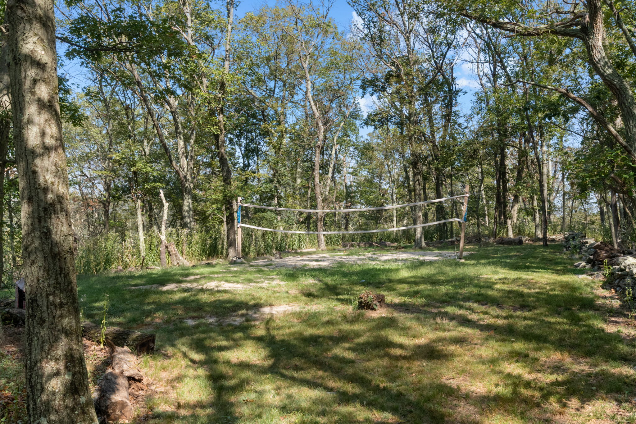 A rustic outdoor volleyball court is set in a clearing within a wooded area, featuring a net strung between two poles on a grassy, shaded ground. The surrounding trees create a natural, secluded setting for recreation.