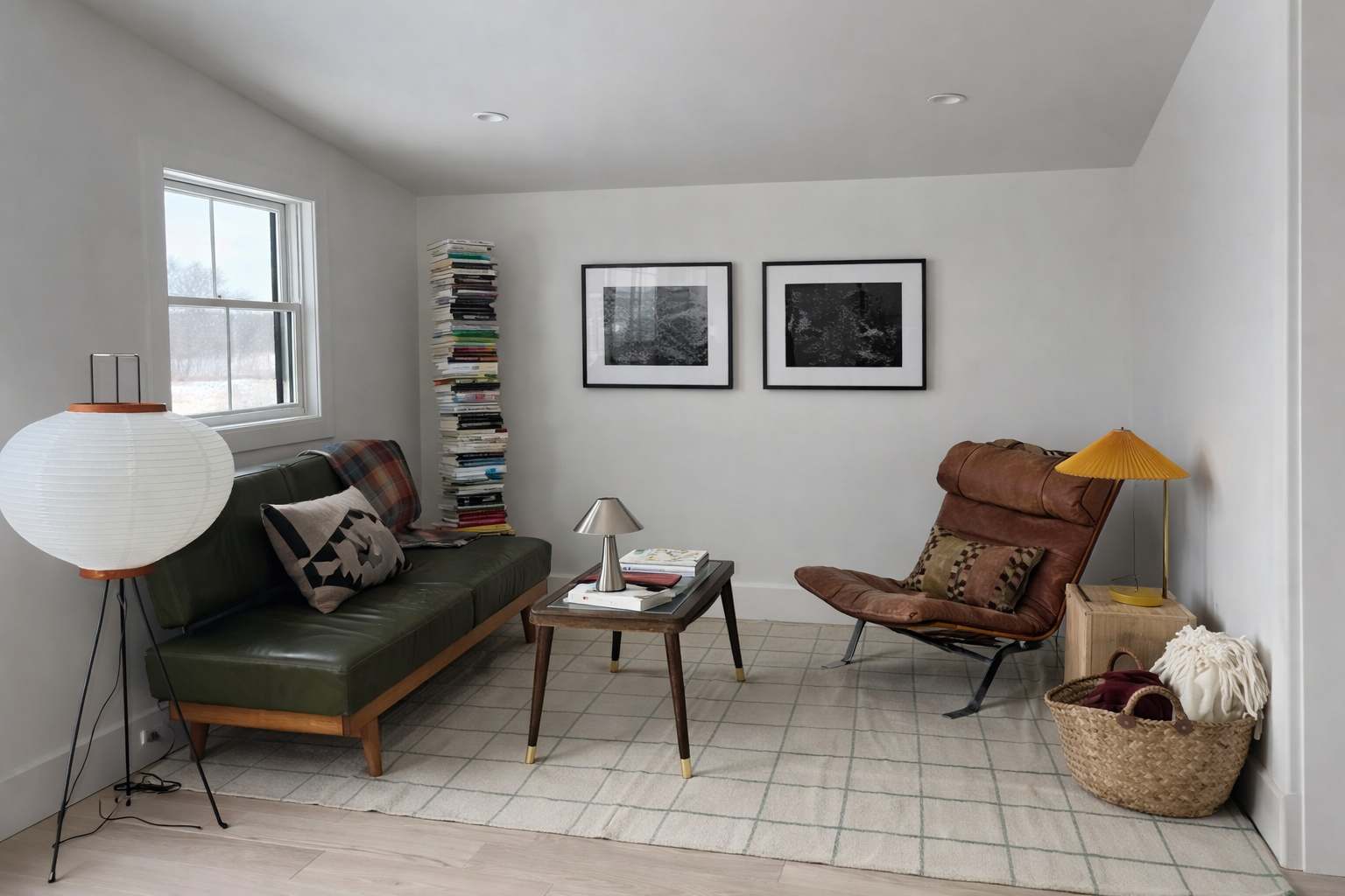 Inviting living space with a green leather sofa, a brown leather lounge chair, a glass-top coffee table, and a tall paper lantern floor lamp, accented by a patterned rug and framed artwork.