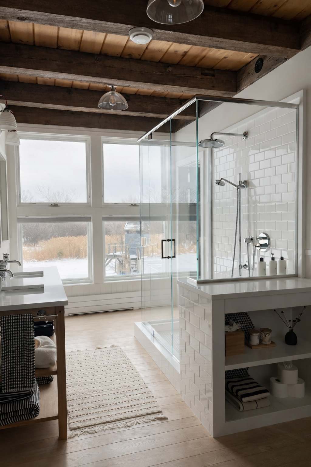 Bright, modern bathroom with a large glass-enclosed shower, white subway tile, and a double vanity. Exposed wooden beams on the ceiling add rustic charm, and large windows offer a snowy outdoor view.