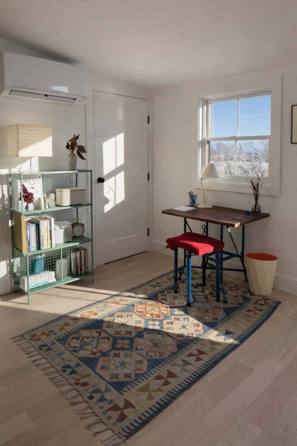 Bright office space with light hardwood floors, a small wooden desk, a red stool, and a light green wire shelving unit filled with books and decor, illuminated by natural light from a window.