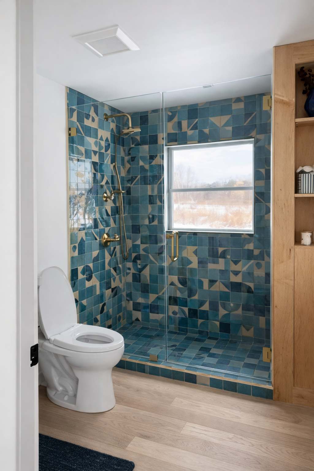 Modern bathroom with a walk-in shower featuring vibrant blue and beige geometric tiles, gold fixtures, a white toilet, and light wood flooring, with a window inside the shower.