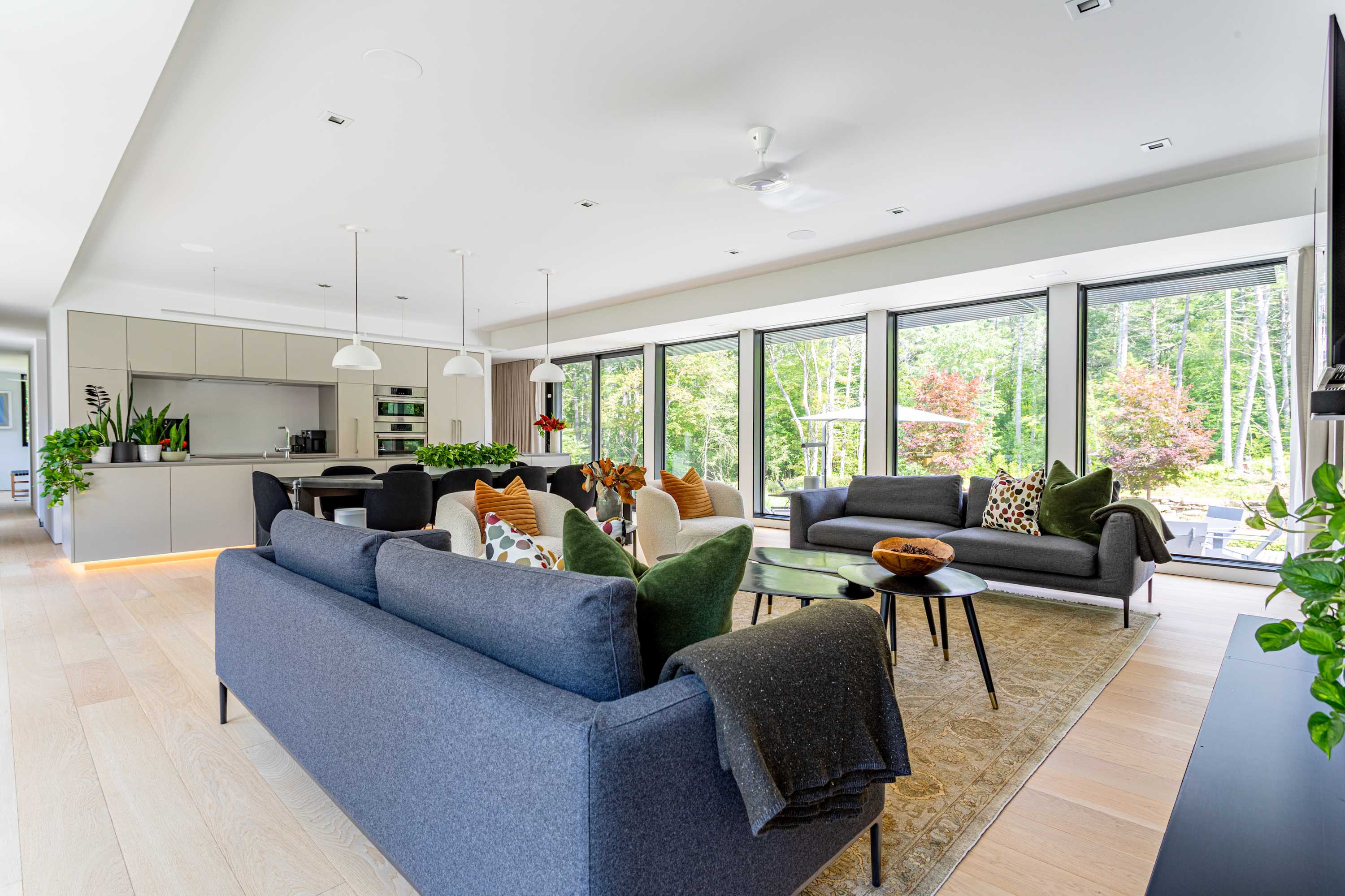 A spacious living room with two grey sofas facing each other, a patterned rug, and a dark coffee table. Beyond, a modern kitchen with light cabinetry and a dining area is visible, all illuminated by large windows overlooking a green landscape.