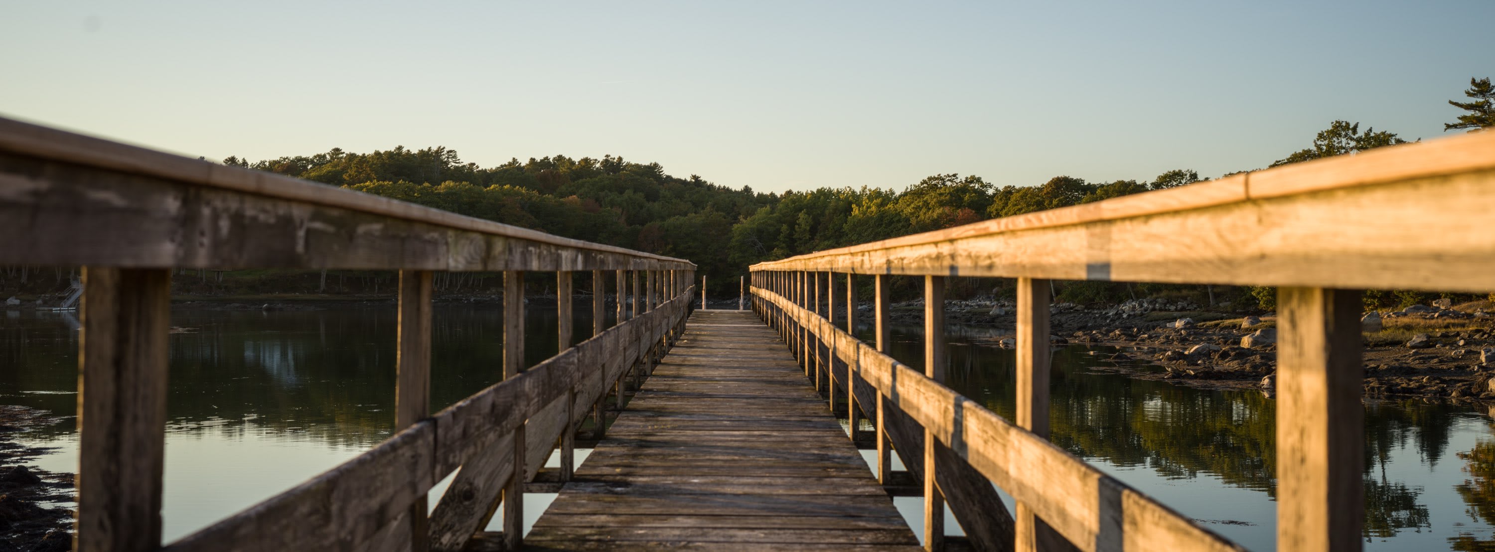 A long wooden pier extends symmetrically over calm, reflective water towards a distant tree-lined shore under a clear, golden sky. The scene is bathed in the warm glow of late afternoon sun.