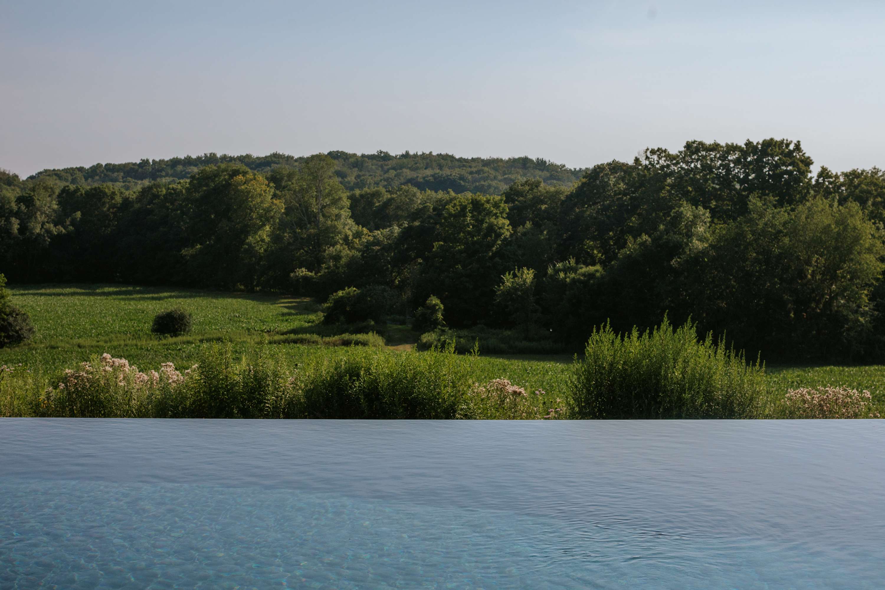 The tranquil surface of an infinity pool meets the horizon, offering a serene view of lush green fields and dense forests under a bright sky, emphasizing the seamless connection between water and nature.