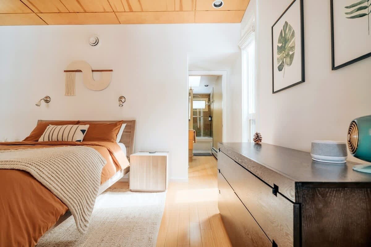 Bright bedroom with a wooden bed frame, rust-colored bedding, and a light textured rug on light hardwood floors. A dark wooden dresser and modern wall art complement the minimalist decor, with a bathroom visible through an open doorway.
