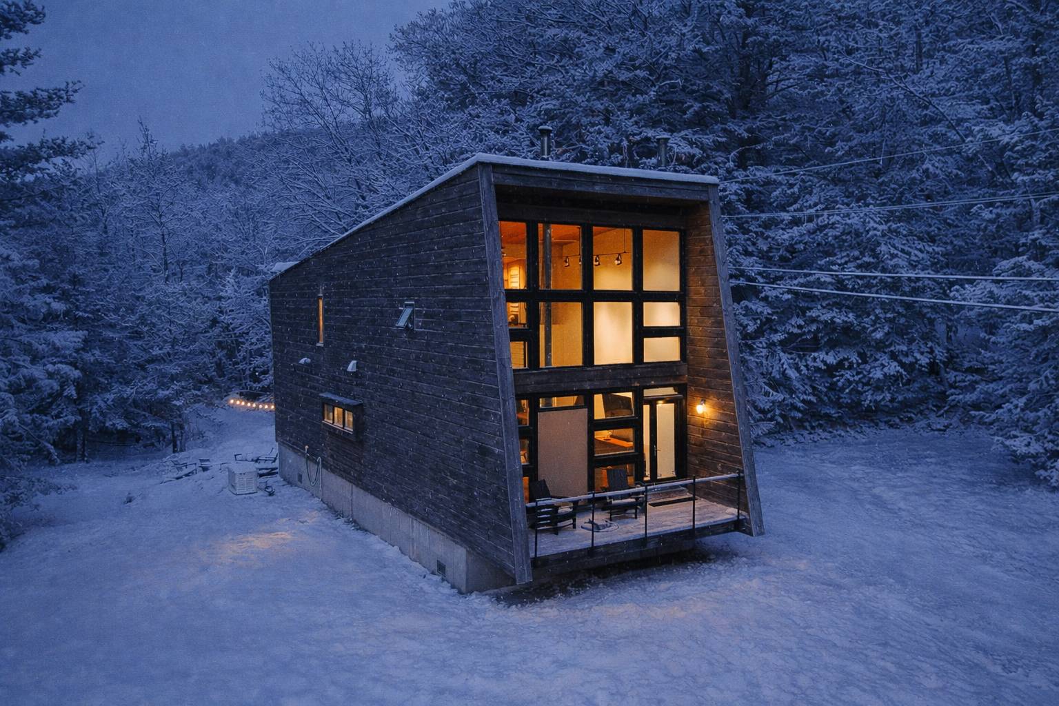 A modern, angular cabin with dark wood siding and large glass windows is set against a snow-covered forest backdrop. The warm interior lights glow, highlighting the contemporary design and inviting atmosphere in the winter landscape.