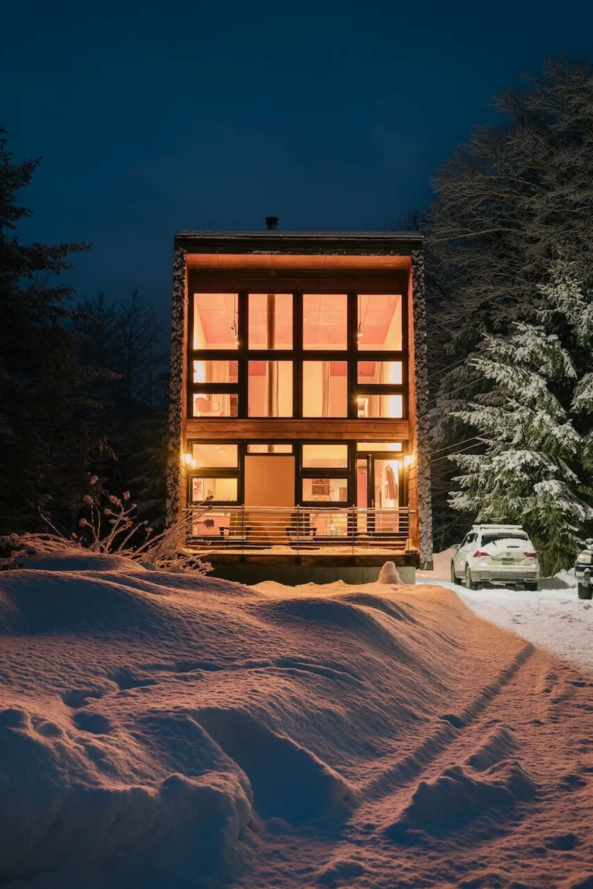 A modern, multi-story cabin with large, warmly lit windows stands out against a dark blue twilight sky and snow-covered landscape. A car is parked nearby, suggesting accessibility even in winter conditions.
