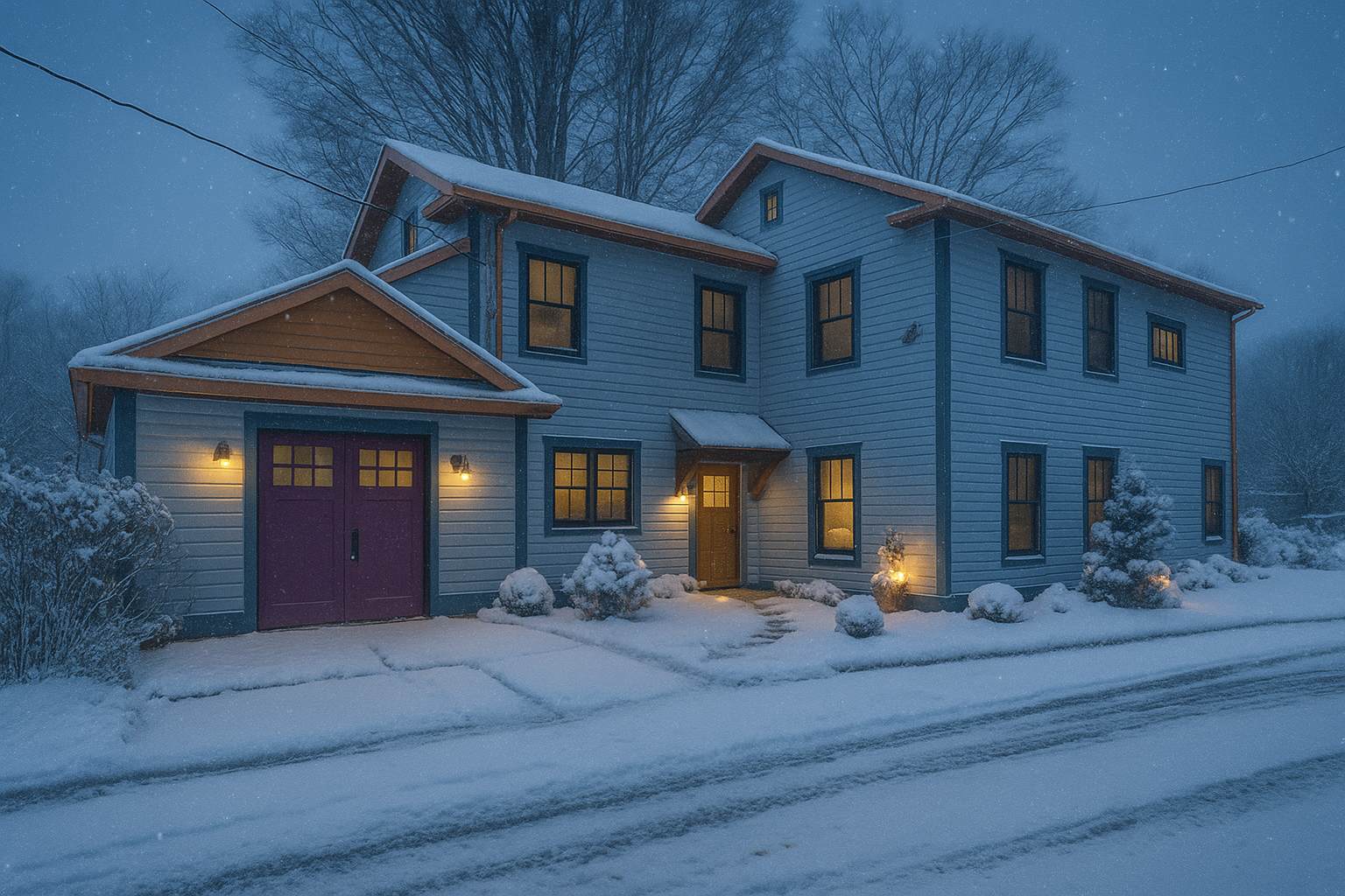 The front exterior of a two-story light blue house with dark trim is illuminated at dusk or night, covered in a blanket of snow, with warm lights glowing from windows and a prominent purple garage door.