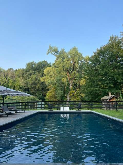 A sparkling blue swimming pool is surrounded by a light-colored deck with dark lounge chairs and a striped umbrella, all enclosed by a black wooden fence, with a dense forest providing a natural backdrop under a clear sky.
