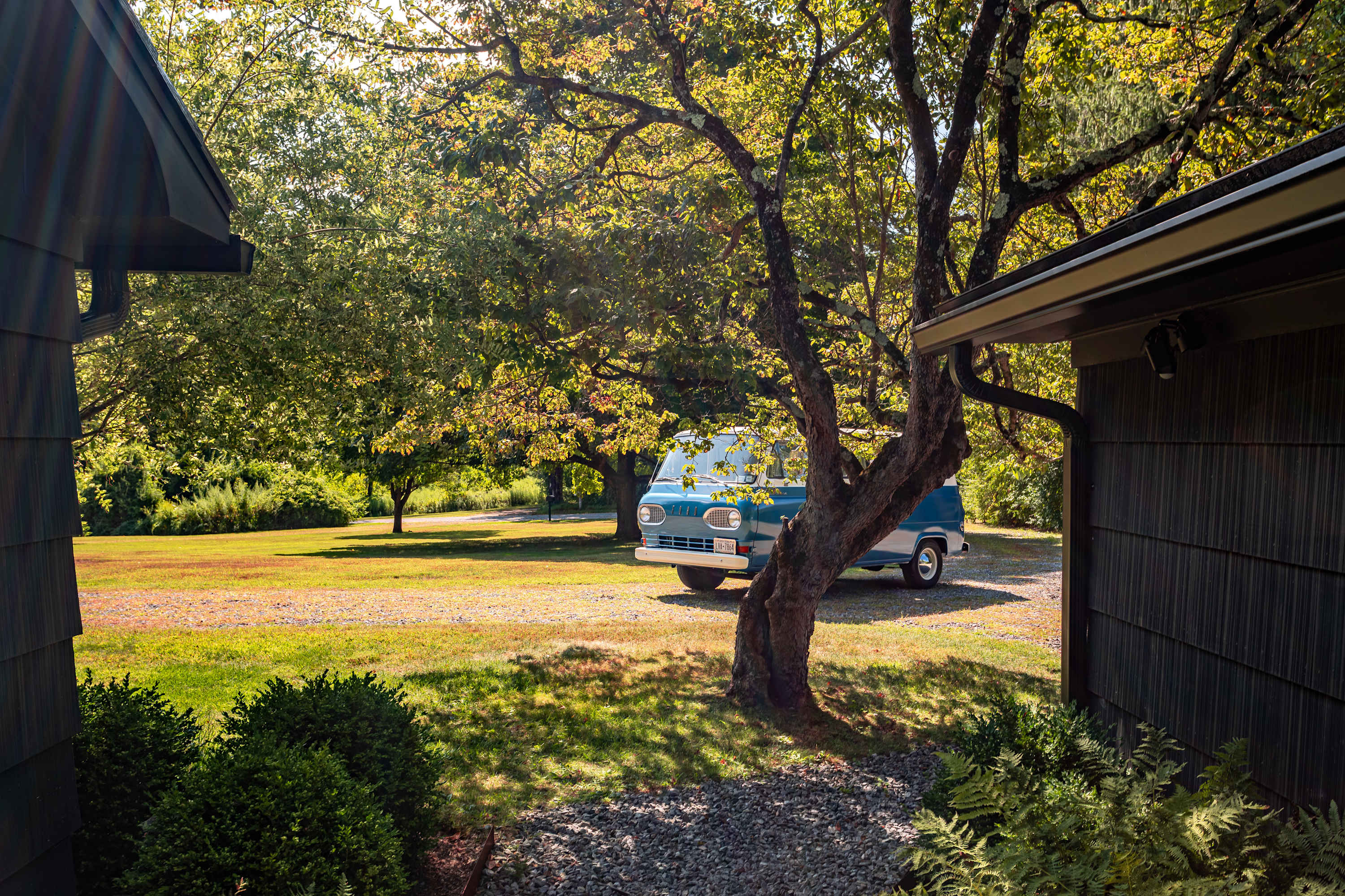 A vintage light blue van is parked on a gravel driveway under the shade of large, leafy trees in a spacious, sunny yard, with the dark-sided exterior of a building visible on the right.