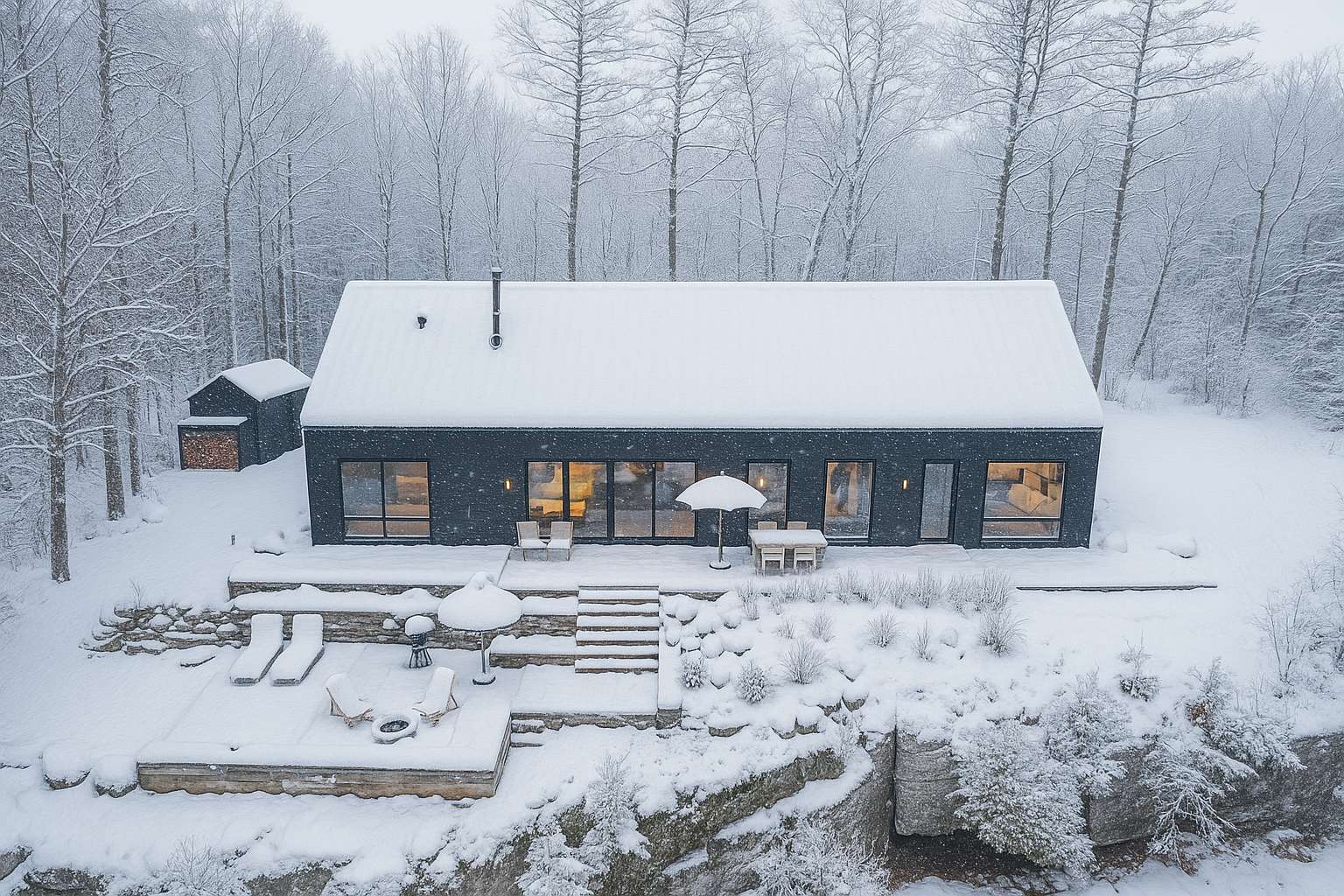 Aerial view of a modern black house with a snow-covered roof and surrounding landscape, featuring a multi-level patio with outdoor furniture blanketed in snow, nestled among bare winter trees.