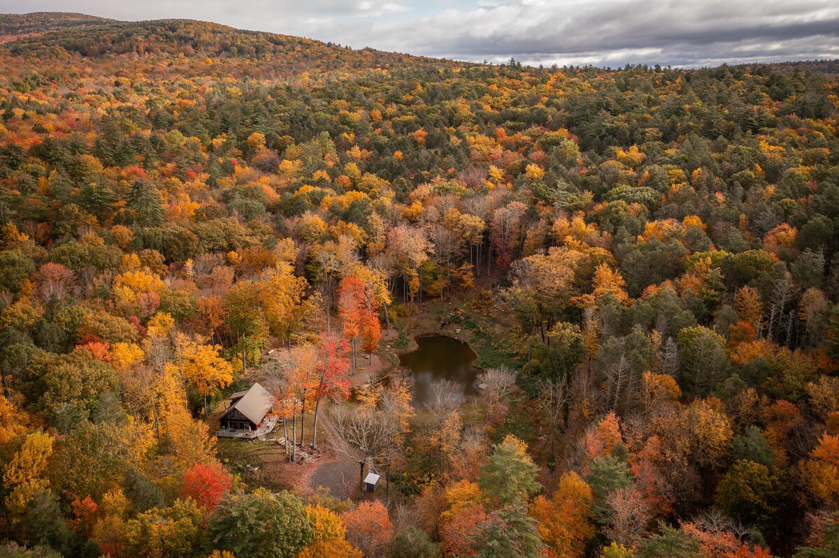 A sweeping aerial panorama showcases a charming cabin and a dark pond nestled within a vast, undulating forest ablaze with a spectacular array of red, orange, and yellow autumn leaves.