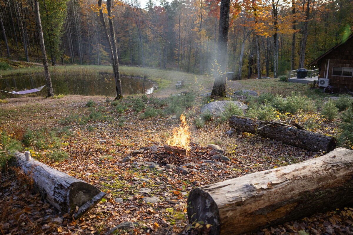 Outdoor fire pit surrounded by large logs for seating, with a small fire burning in the center. A tranquil pond is visible in the background, surrounded by trees with autumn colors.