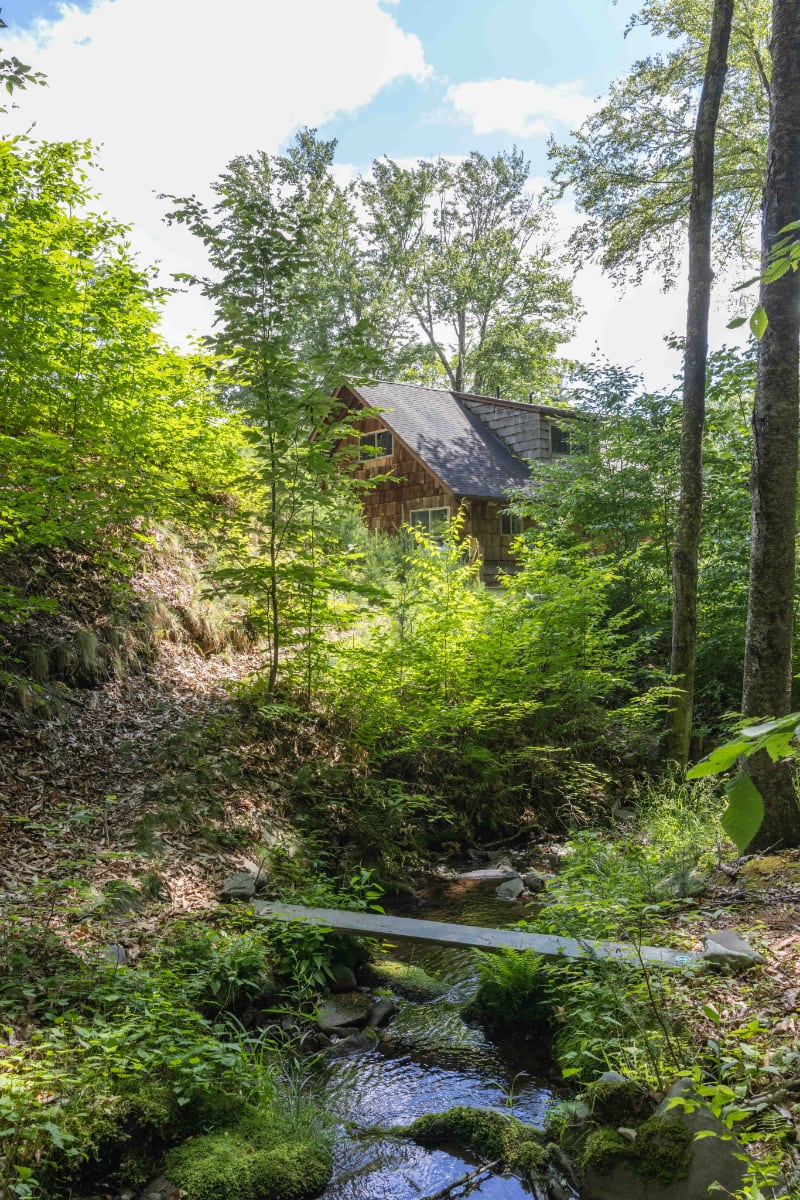 A small, simple wooden bridge spans a rocky stream, leading up a verdant, tree-covered slope towards a rustic wooden cabin with a dark roof, partially hidden by dense foliage.