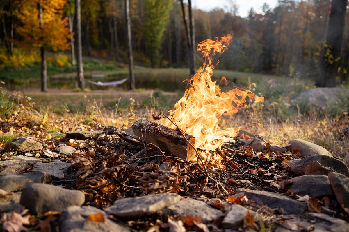 Close-up of a crackling fire in a stone-ringed fire pit, surrounded by fallen autumn leaves, with a pond and hammock visible in the blurred background.