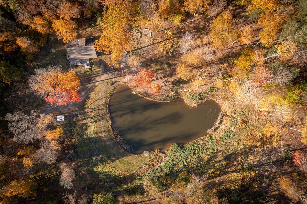 A high aerial view captures a rustic house with a dark roof nestled beside a heart-shaped pond, all surrounded by a dense canopy of trees displaying brilliant orange and yellow autumn foliage.