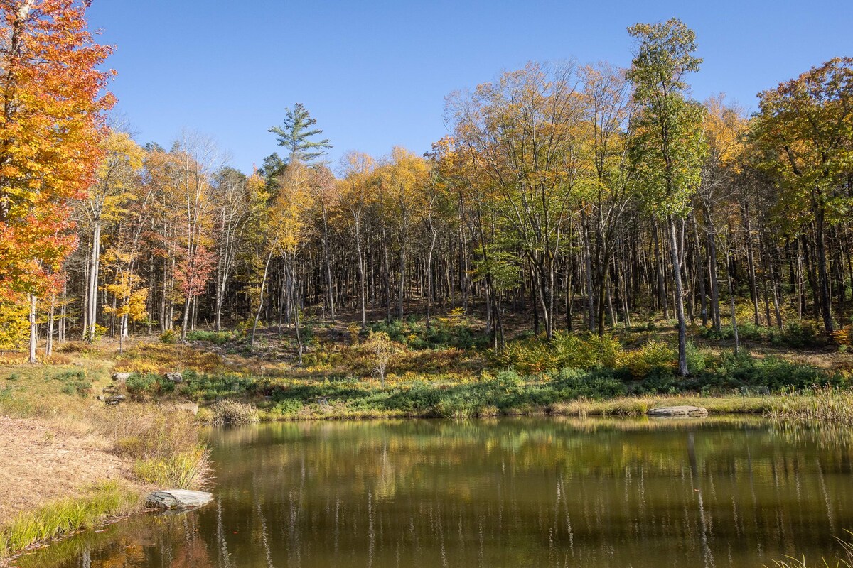 A serene pond reflects the vibrant autumn colors of the surrounding deciduous trees, showcasing a mix of yellow, orange, and green foliage under a clear blue sky.