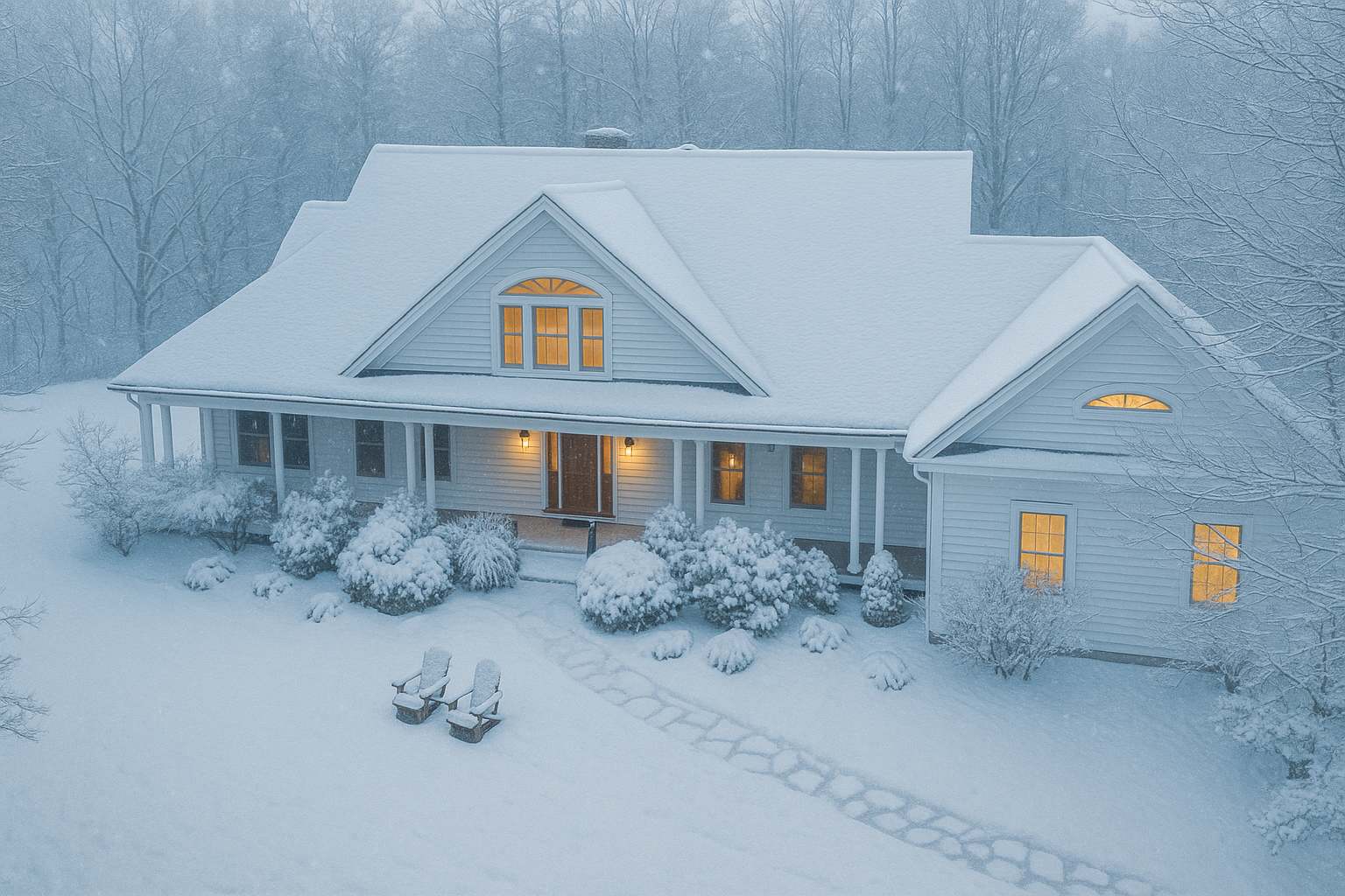 The front exterior of the house blanketed in fresh snow during winter, with warm lights glowing from the windows. The covered porch and surrounding landscape are covered in a thick layer of white snow.